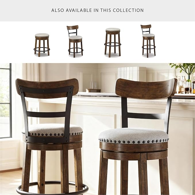 Signature Design by Ashley Valebeck | 30″ Farmhouse Pub-Height Swivel Barstool With Back – Upholstered Cushion, Nailhead Trim, Metal & Wood Frame, Brown