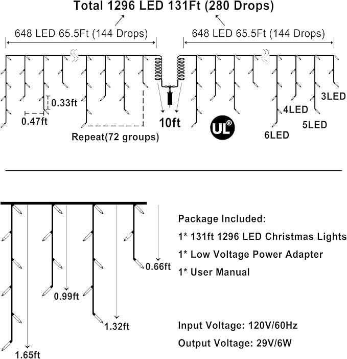 1296 LED Outdoor Christmas Lights with 288 Drops, 131FT ChristmasLights with 8 Modes Timer, Christmas Twinkly Lights IP44 Waterproof for Eaves Yard Room Holiday Wedding Party Decor Warm White