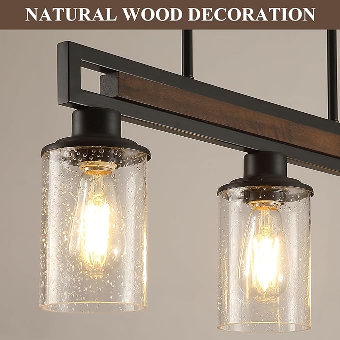 Farmhouse Dining Room Light Fixture, 3-Light Wood Kitchen Island Lighting for Dining Room Over Table, Black Adjustable Pendant Light with Seeded Glass Shades, Linear Chandeliers Lighting for Kitchen