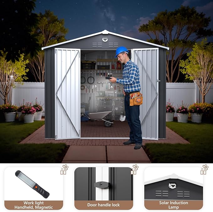 10X12 FT Outdoor Storage Shed, Metal Garden Shed - Tool Storage Sheds with Lockable Doors, Waterproof Outside Storage Building for Backyard, Patio (Black; Floor Not Included)