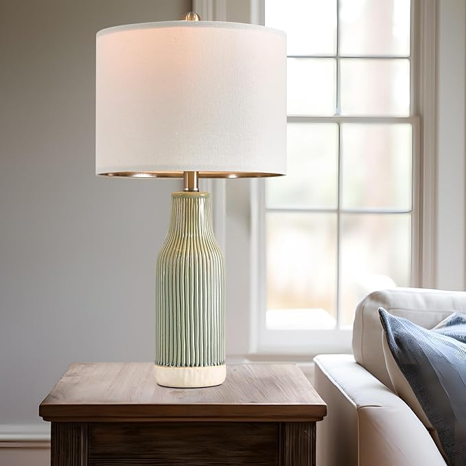 23.75" Modern Green Ceramic Table Lamp Set of 2 for Living Room, Farmhouse Bedside Nightstand Lamp for Bedroom Home Office Dorm