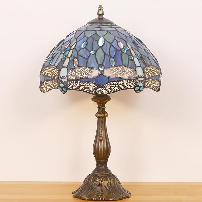 Tiffany Lamp Stained Glass Table Lamp Antique Bedside Reading Light W12H19 Inches (Sea Blue Dragonfly)