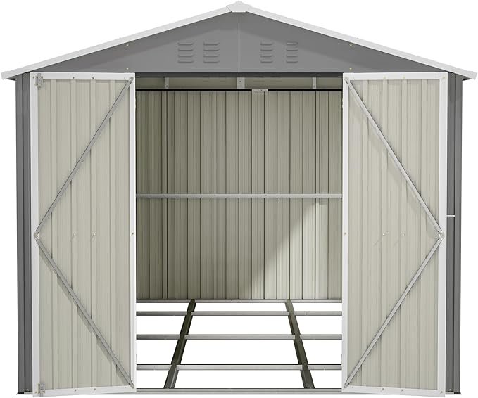 8 * 12 FT Outdoor Storage Shed with Floor Frame Heavy-Duty Metal Sheds & Outdoor Storage with Vents, Sloping Roof and Lockable Doors Waterproof Garden Tool Shed for Backyard Patio Lawn, Grey