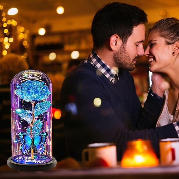Christmas Flowers Gifts for her Women Mom Wife,Womens Gifts for Christmas, Rose Flowers Gift Light Up Rose in Glass Dome,Birthday Gifts for Woman Blue