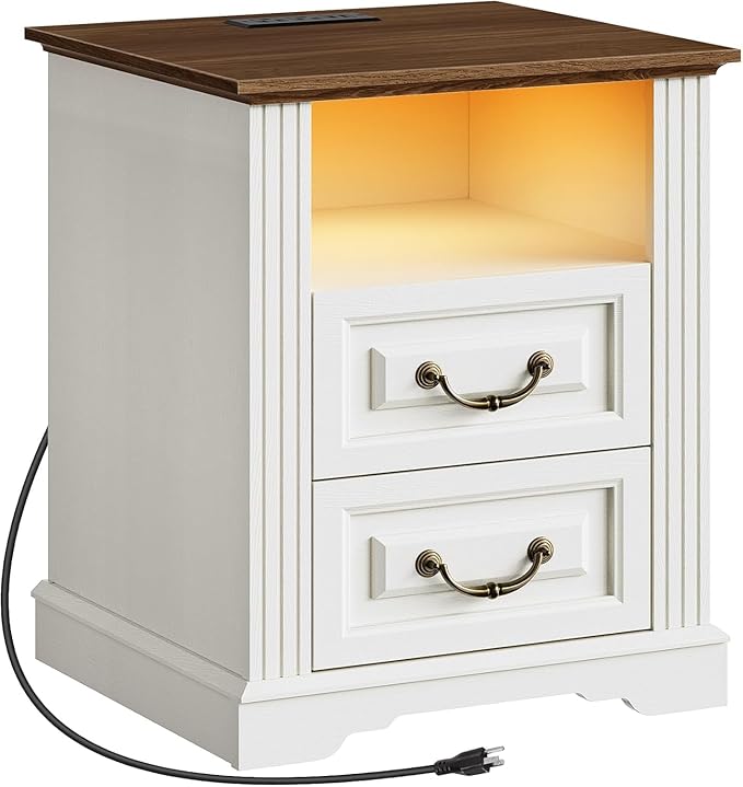 Farmhouse Nightstand with Charging Station, Wooden Night Stand with 2 Drawers, LED Bedside Table, Rustic Sofa Side Table, End Table for Bedroom, Living Room, White and Walnut