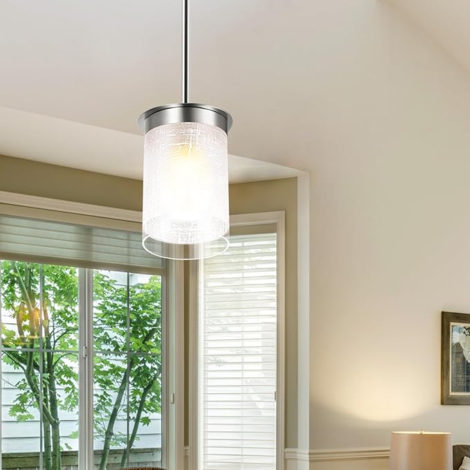 Modern Pendant Light Glass Shade, for Kitchen,Dining Room,Bedroom, Bar,Office,Farmhouse,Sand Nickel,4.72 Inch Shade 40 Inch Cord(Glass is Treated with Cloth Patterns)