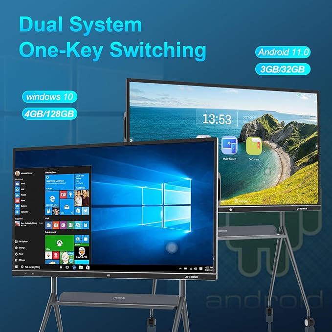 Interactive Whiteboard, 86inch Smart Board with 4K UHD Touch Screen Flat Panel, All in One Digital Electronic Whiteboard Built in Dual System for Conference