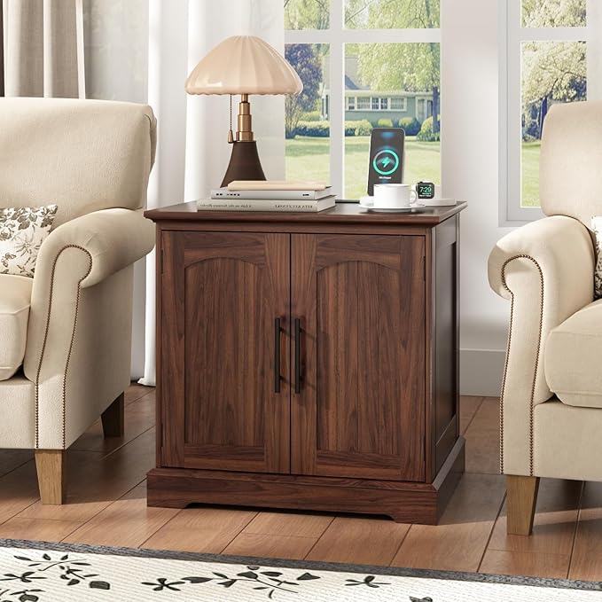 Rustic End Table with Charging Station, 24" Large Sofa Side Table with 2 Arched Doors, Farmhouse Wood Square Nightstand Bedside Tables with Adjustable Storage Shelf for Living Room, Bedroom