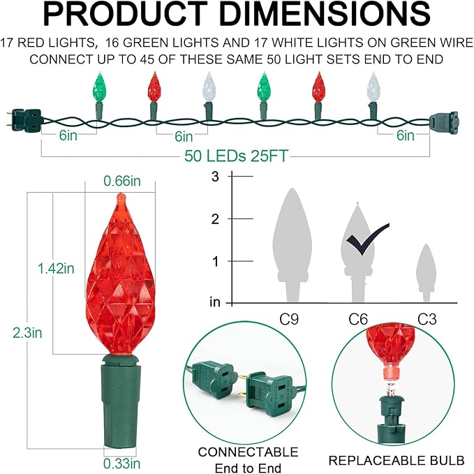 BOHON Red White and Green Christmas Lights Outdoor Faceted C6 50 LED 25ft Plug in Fairy Twinkle Warm String Lights Waterproof Extendable Green Wire for Indoor Patio Xmas Thanksgiving Tree Decoration