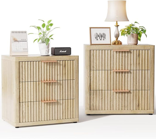 Night Stand with 3 Drawers, 23" Wide Modern Bedside Table with Large Storage, Fluted Bed Side End Table with Metal Handle, Tall Nightstand for Bedroom, Living Room, Office, Nature, Set of 2