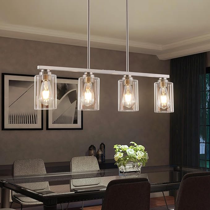 Island Light for Kitchen, Brushed Nickel Dining Room Light Fixture Over Table, 4-Light Linear Chandelier Pendant Lighting for Dining Table Kitchen Island Living Room