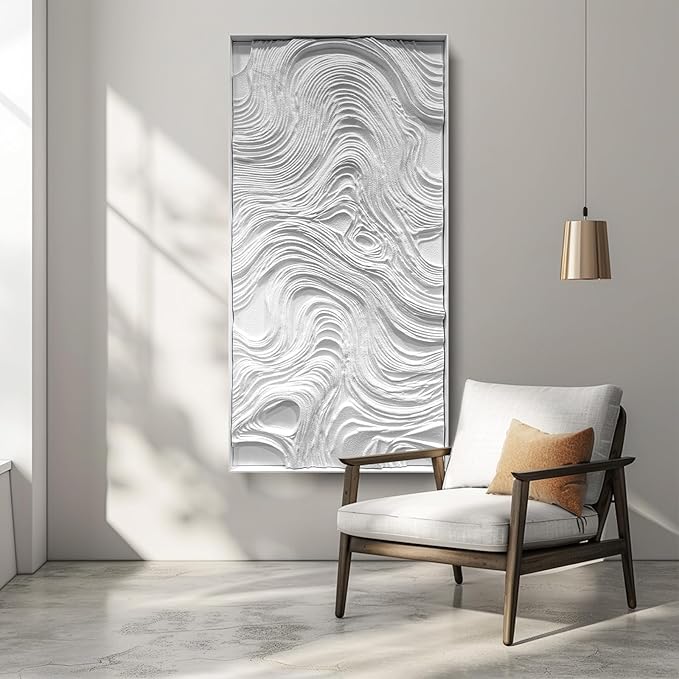 BrightA White wood abstract wave relief wall decoration piece, wooden horizontal wall art large sandstone handmade art piece, aesthetic embellishment for home gallery 23.6"x47.2"