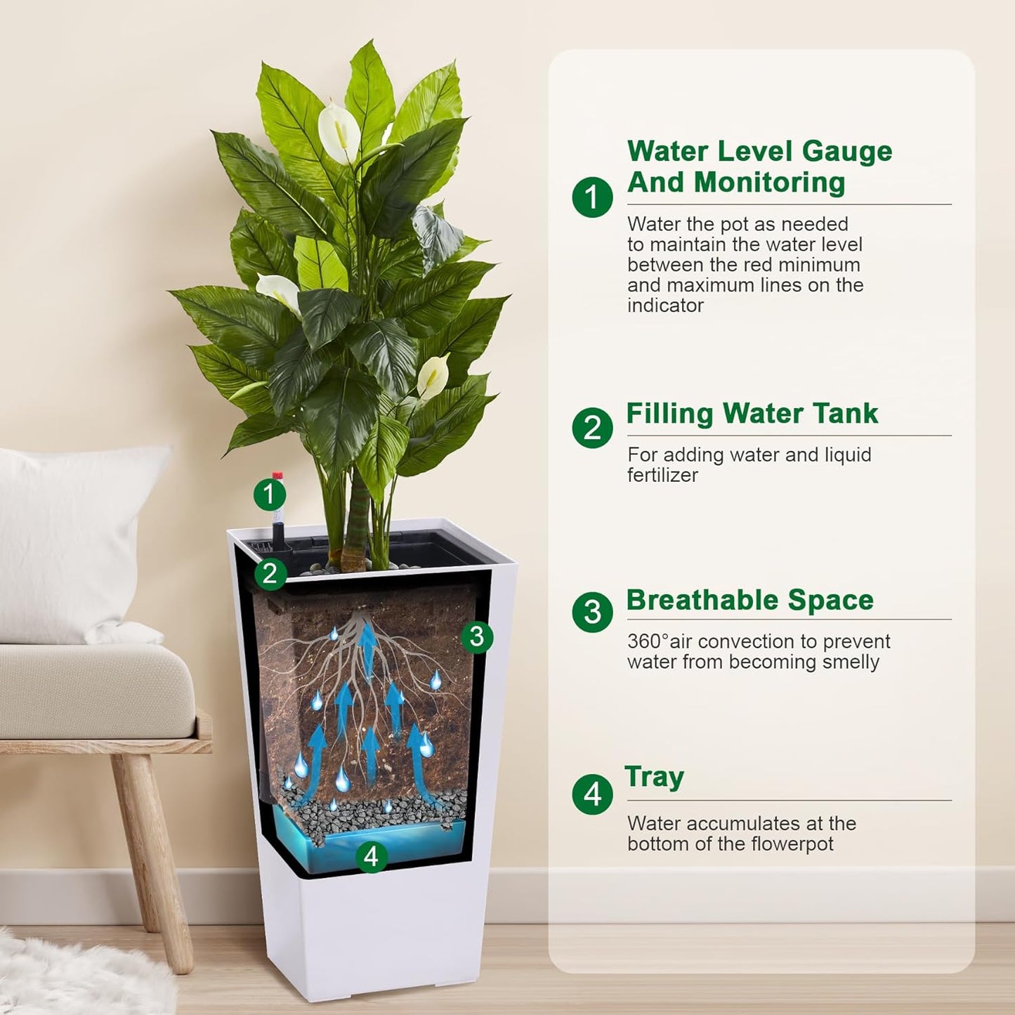 22.5" Tall Planters Set of 2, Outdoor＆Indoor Black Planter Pots, High Front Porch Planter Pots with Drainage Holes＆Water Level Monitor＆Inner Bucket, Automatic Watering, White