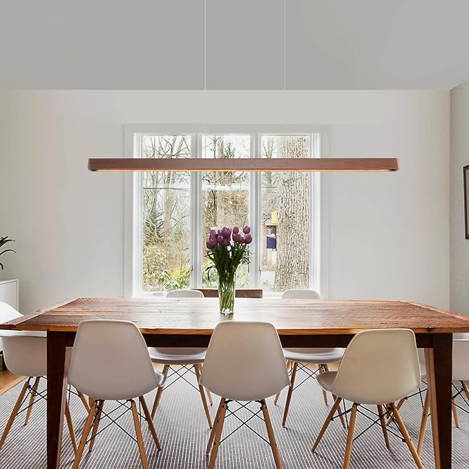 39" Wood Linear Pendant Light FixtureDimmable LED Kitchen Island Lighting with Remote, Adjustable Hanging Chandelier for Dining Room Bar Pool Table 36W Modern Farmhouse Fixture Walnut Color