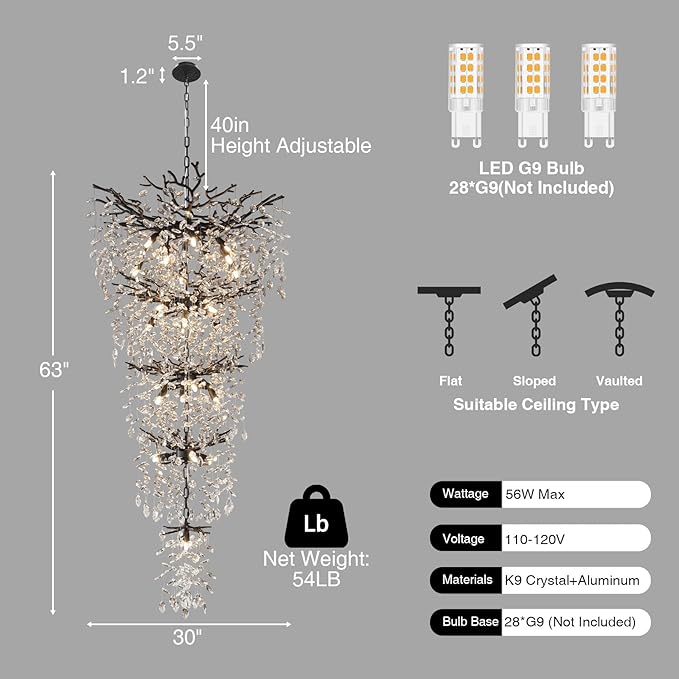 YUYI 63" Long Crystal Chandelier for High Ceiling, 28-Light Black Tree Branch Chandelier, Modern Large Chandeliers for Staircase, Foyer, Entryway, Living Room, 5-Tier Luxury K9 Raindrop Light Fixture
