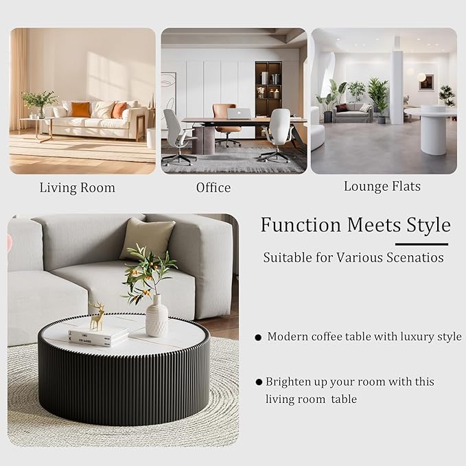 29.52" Black Round Coffee Table, Drum Coffee Table with Sintered Stone Tabletop and Fluted PU Leather Covered and Stable Base, Circle Cocktail Tea Table for Living Room