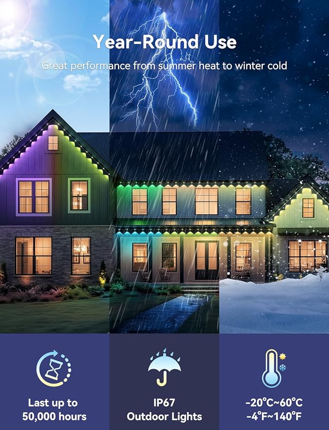 Permanent Outdoor Lights, 50ft Smart IC+RGB Outdoor Christmas Lights with 36 LED, IP67 Waterproof LED Eaves Lighting with DIY Scene Modes for Halloween Holiday Decor, Smart APP & Remote Control