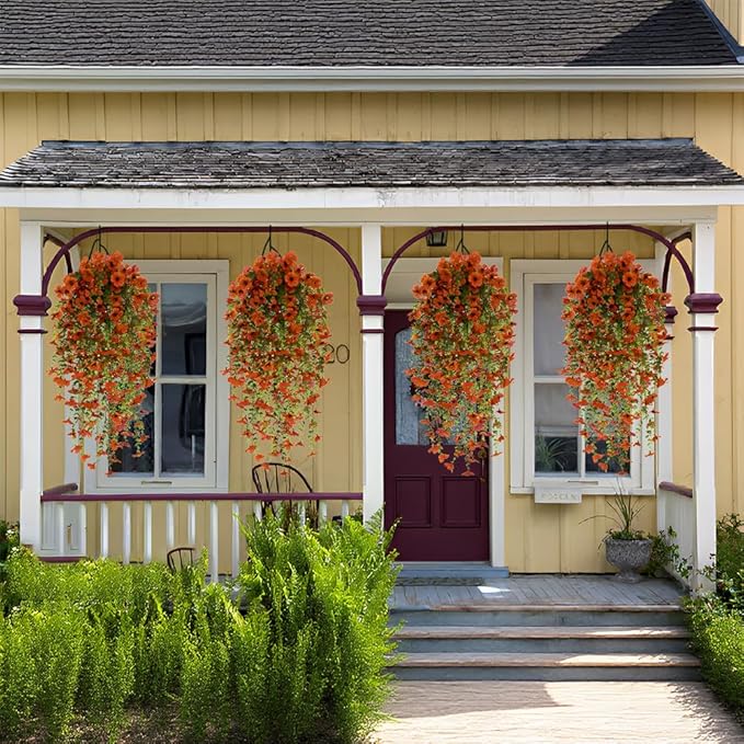 EROCK Artificial Flowers for Outdoors, 4PCS Fake Silk Hanging Flowers for Decoration UV & Fading Resistant, Realistic Faux Plants & Flowers for Porch Patio Balcony Window Box Home Decor (Orange)