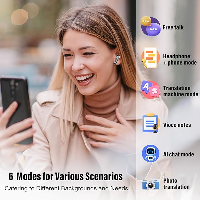 Ai Translation Earbuds Real Time, Simultaneous Interpretation Translator Earbuds with 6 Translation Modes/164 Languages, No Subscription Translatior Headphones,40H Audifonos Traductores Inglés Español