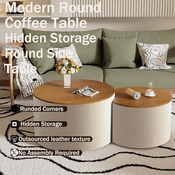 Nesting Coffee Table Set of 2 Modern Round Coffee Table with Hidden Storage Round Side Table Drum Accent End Tables for Living Room, Bedroom (White)