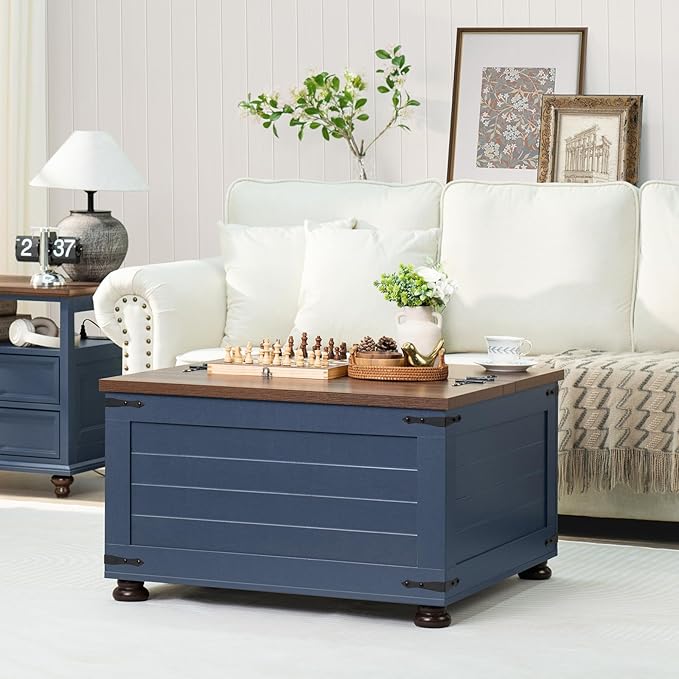Farmhouse Coffee Table with Hidden Storage, 59 Gallon Square Center Table for Living Room, Rustic Wood Cocktail Tables with Flip-Top Lids, Farm House Tables with Wooden Gourd Feet, Navy Blue