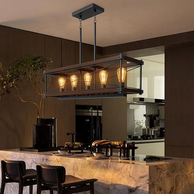 Farmhouse Kitchen Island Lighting, 5-Light Solid Wood 31.5” Dining Room Pendant Light Fixtures, Rustic Chandelier with Adjustable Height for Dining Room Kitchen Bar Pool Table, Walnut Color