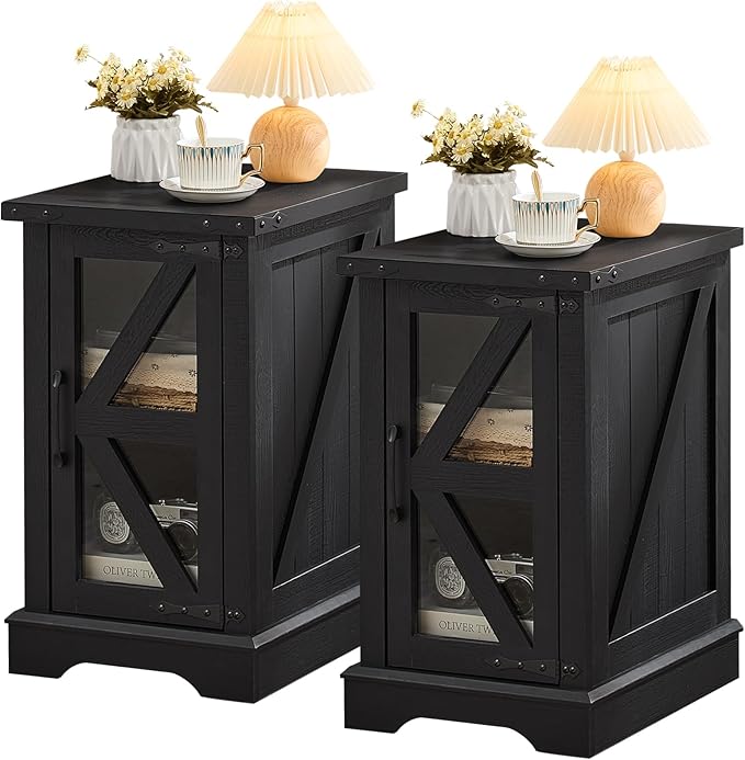 Narrow Night Stand Set 2, Farmhouse Side End Table with Glass Barn Door Storage, Bedside Tables, Black Nightstand Cabinet Organizer for Small Spaces Living Room Bedroom