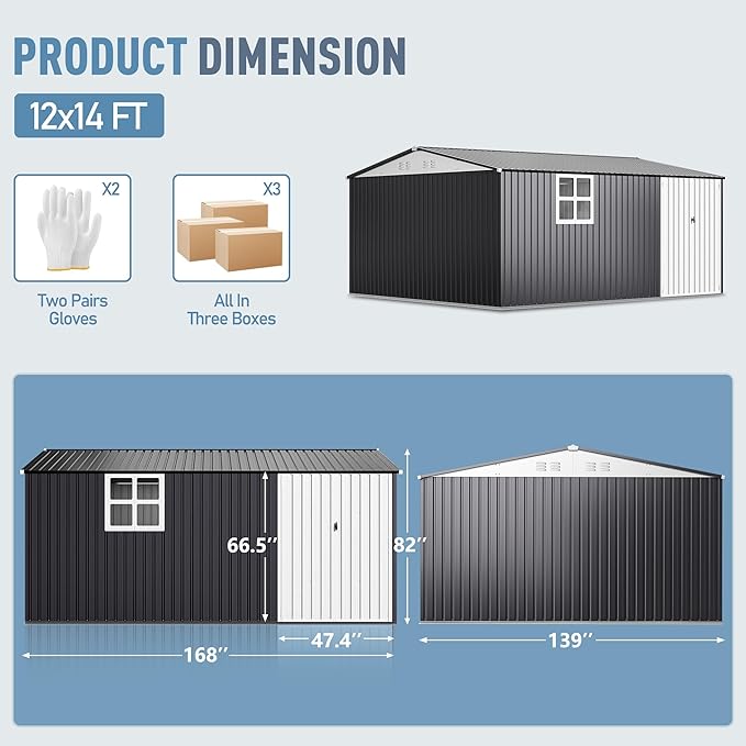 12x14 FT Outdoor Metal Storage Shed with Window, Large Lockable Metal Garden Tool Shed with Heavy-Duty Frame for Backyard, Patio, and Lawn, Black