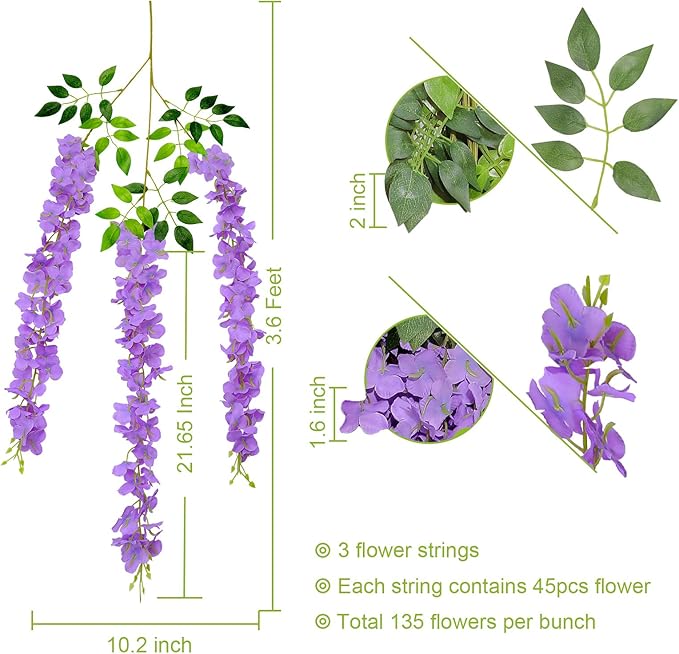 U'Artlines 24 Pack (Total 86.4 Feet) Artificial Fake Wisteria Vine Rattan Hanging Garland Silk Flowers String Home Party Wedding Decor (24, Purple)