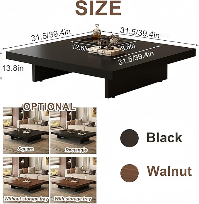 Modern Square Coffee Table for Living Room, Low Profile Wood Center Table with 2" Thick Tabletop & Optional Storage Tray, Sturdy Minimalist Design (31.5"/39.4" Black/Walnut)