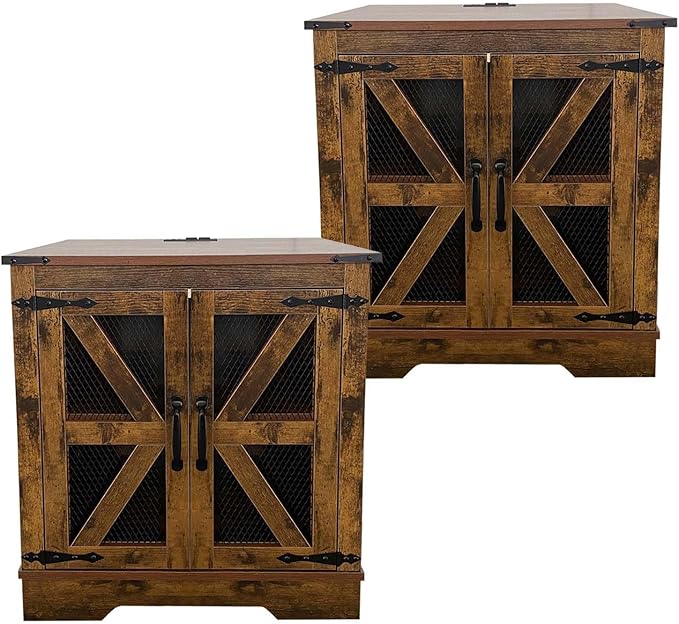 21.1" Farmhouse End Table Set of 2 with Charging Station and Mesh Barn Door, Rustic Wood Nightstand with Storage Shelf for Living Room & Bedroom, Brown