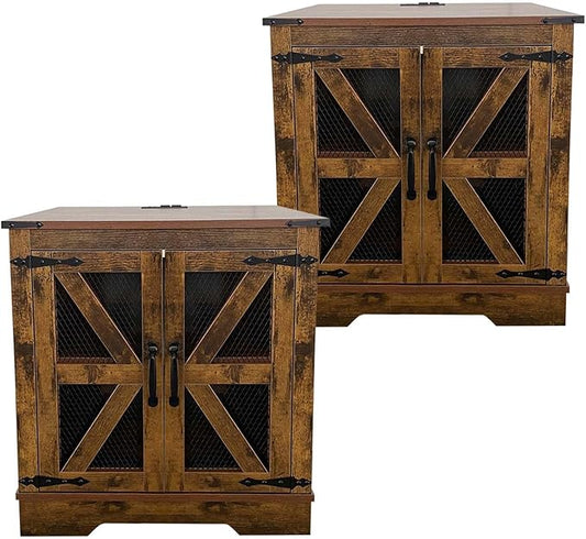 21.1" Farmhouse End Table Set of 2 with Charging Station and Mesh Barn Door, Rustic Wood Nightstand with Storage Shelf for Living Room & Bedroom, Brown
