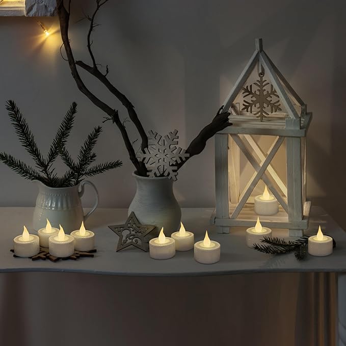 FURORA LIGHTING White Glitter LED Tealight Candles Pack of 12, Flameless Flickering Tealight Candles for Home Décor, 1.5’’(W) x 1.65’’(H), Battery Operated