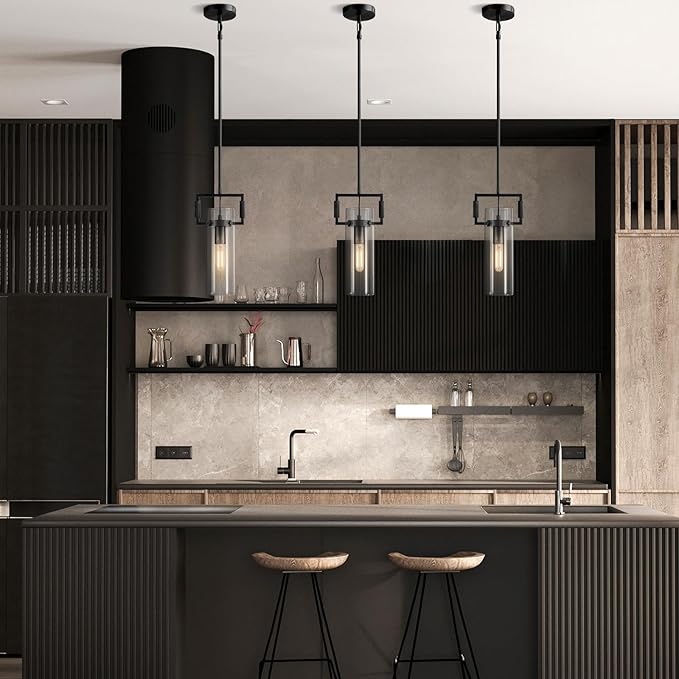 Black Pendant Lights Kitchen Island, Modern Glass Pendant Light,12Inch Kitchen Pendant Lighting Over Island,Farmhouse Island Lights for Kitchen,Bathroom,Bedroom