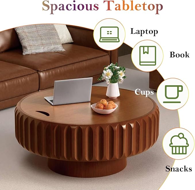 31.5" Round Drum Coffee Table with Storage Retro Rustic Center Table - Solid Wood Handcrafted Relief Veneer for Farmhouse Apartment (A Round 31.5in)