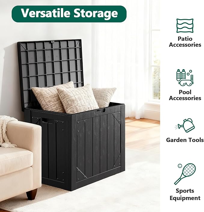 Outdoor Storage Box, 30 Gallon Deck Box Outdoor Storage Bench Outside Waterproof Resin Storage Bench, Lockable Patio Cushions, Garden Tools Storage For Furniture, UV Resistant (Black)