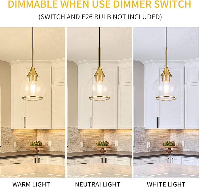 3 Pack Island Light for Kitchen, 1-Light Gold Kitchen Island Hanging Pendant Light, Brushed Gold Dining Room Light Fixture Over Table with Clear Round Glass Shades