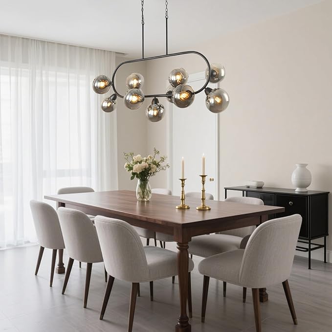 Black Chandelier for Dining Room Linear Island Lights for Kitchen 45'' Modern Large 11-Light Rectangular Chandeliers Over Island Farmhouse Glass Dining Room Pendant Light with Grey Glass Globe Shade