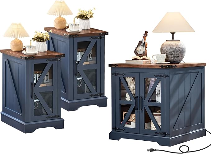 End Tables Living Room Set 3, 18'' Night Stand and 24" Square Side Table with Charger Station, Wood Furniture Sets, Nightstand Bedside End Table for Bedroom