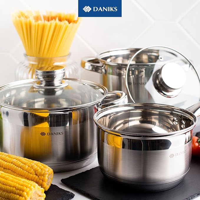 Daniks Standard 9-Piece Stainless Steel Cookware Set with Glass Lids, Includes Saucepan, Tri-Ply Bases for Even Heating, Induction Compatible, Dishwasher Safe, Built-In Measuring Scale, Silver