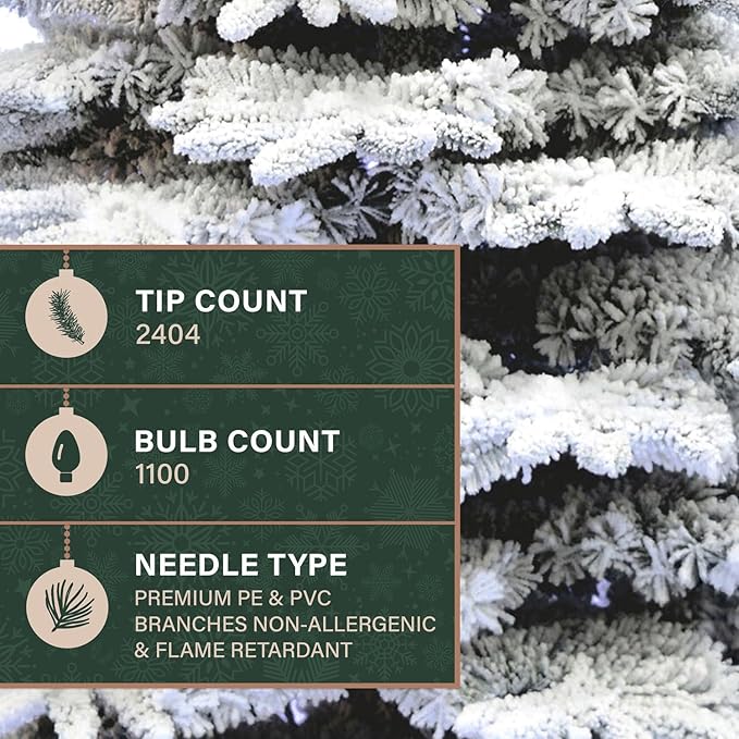 Fraser Hill Farm 10-Ft. Pine Valley Flocked Artificial Christmas Tree with White Incandescent Smart Lights and Stand, Prelit Foldable Fake Tree with Realistic Snowy Foliage for Home Decoration