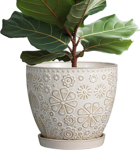 10 Inch Ceramic Planter Pot Large Plant Pot for Indoor Plants Outdoor Round Flower Pot with Drainage Hole and Saucer for Home Garden Decor White
