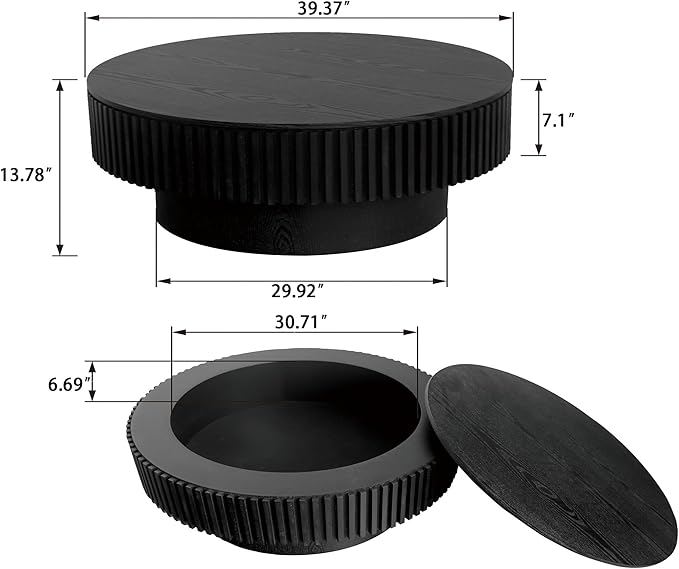 39" Round Coffee Table with Hidden Storage Compartment, Modern Handcraft Fluted Drum Coffee Table, Wooden Circle Center Table Cocktail Tea Table with Sturdy Pedestal for Living Room, Black