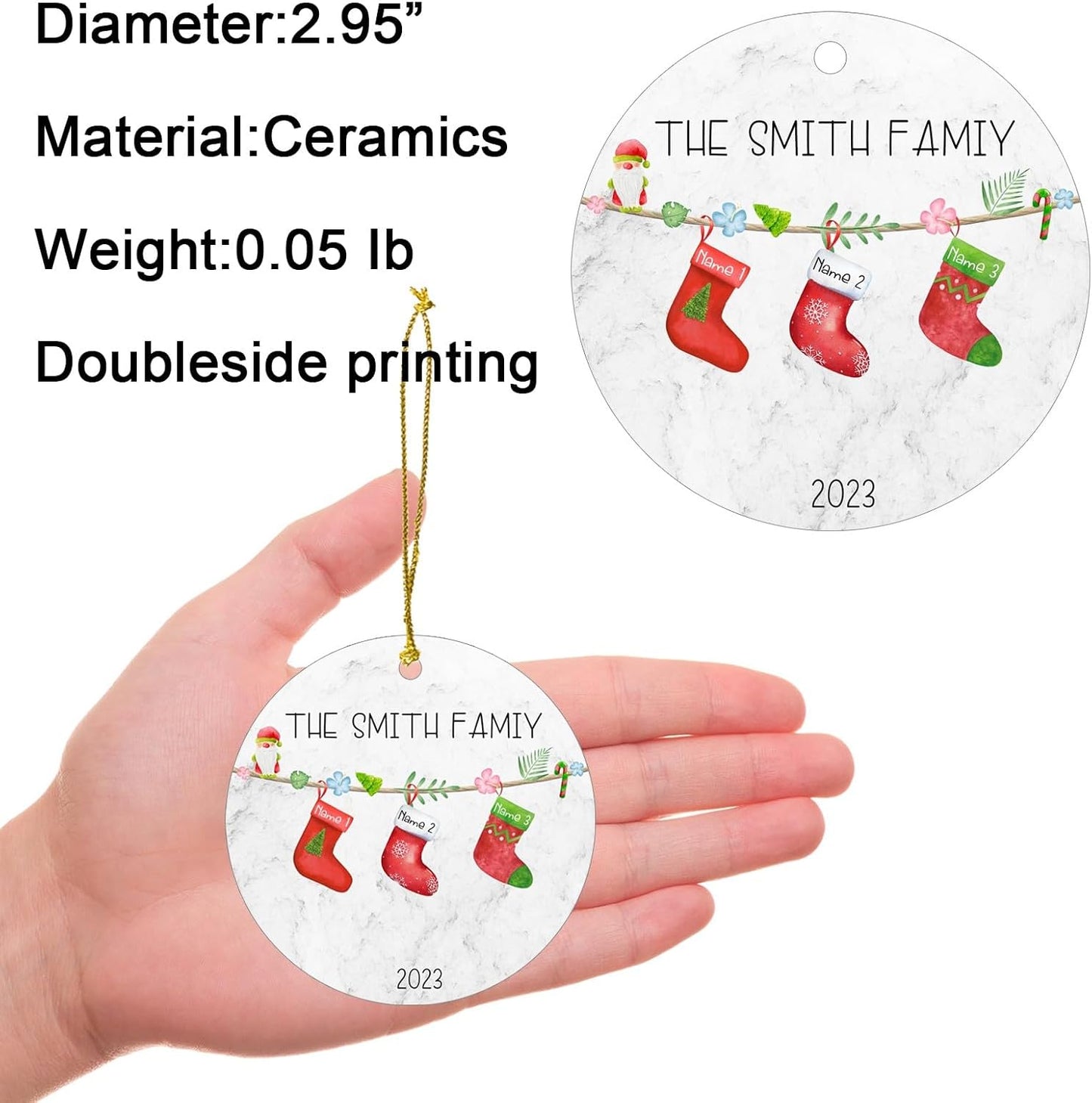 Personalized Family Christmas Ornaments 2025,Double-Sided Ceramics Custom Christmas Stocking Ornament - Up to 8 Names,Customize Names for Each Family Member - Hanging Customized Xmas Ornaments