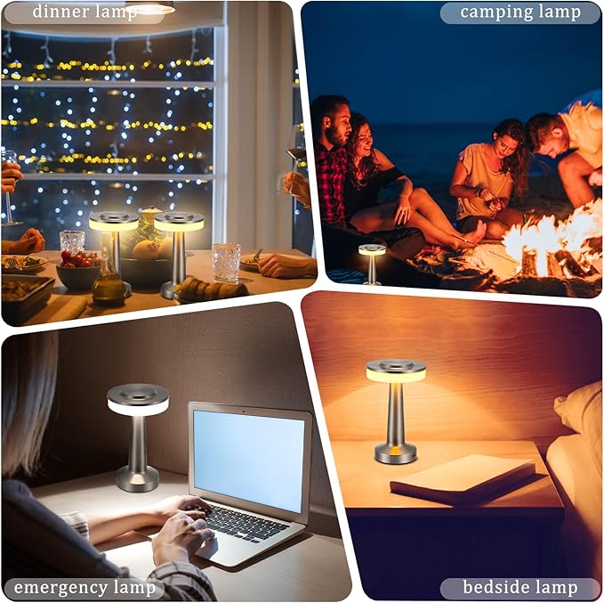 Riakrum 4 Pcs LED Portable Cordless Table Lamp with Touch Sensor 3 Color Stepless Dimming Rechargeable Battery up to 15 Hours Cordless Table Light Wireless Lamp for Nursery (Silver)