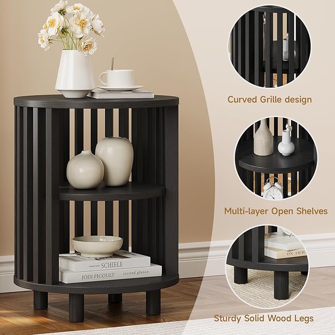 Round End Table, Wood Bedside Table, Mid Century Modern Nightstand with Open Storage Shelf, 3 Tier Small Side Tables for Living Room, Bedroom, Curved Profile Design, Black(1-Pack)