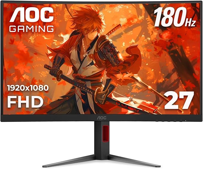 AOC C27G4H 27" Curved Gaming Monitor, FHD 1080p, 180Hz, Adaptive Sync, Height Adjustable, 3-Year Zero Dead Pixel Guarantee, Black, Xbox PS5 Switch Compatible