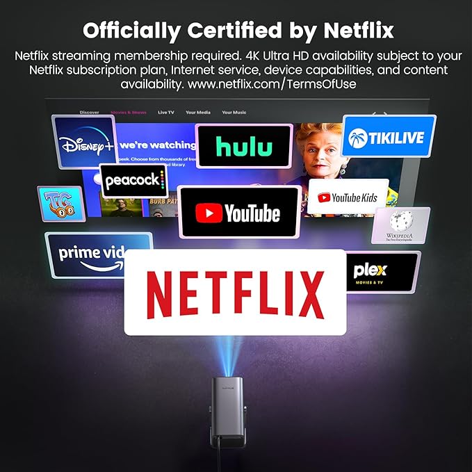 [Netflix-Licensed & 4K Support & Auto Focus]- Smart Projector with WiFi 6 and 2-Way Bluetooth, Dolby Audio/ Auto Keystone/Zoom,360°Adjustable Stand, iWIMIUS Mini Portable Outdoor Proyector w/ HDMI ARC