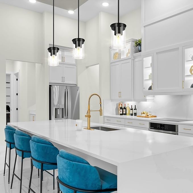 Modern Pendant Light Glass Shade, Kitchen Island Pendant Lighting with Glass Shade for Dining Room,Bedroom, Bar,Office,Farmhouse Black,1Pack-4.72 Inch Shade 40 Inch Cord