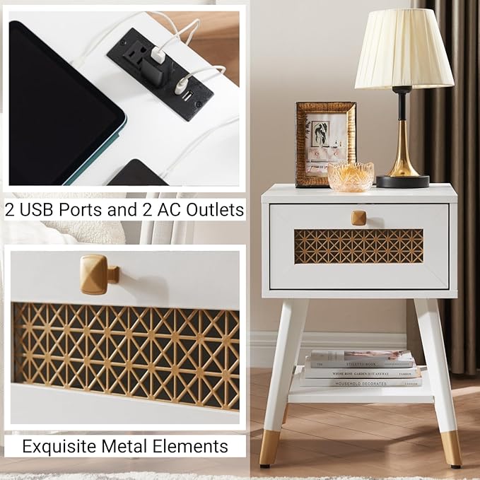 Small White Side Table for Living Room & Bedroom, Boho Nightstand with USB Ports & Outlets, Storage Drawer & Open Shelf, Mid Centry Style Furniture for Home Decor